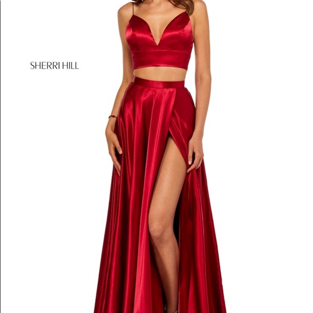 Sherri Hill #52488 Red 2pc Deep V-Neck Silk Charmeuse Dress